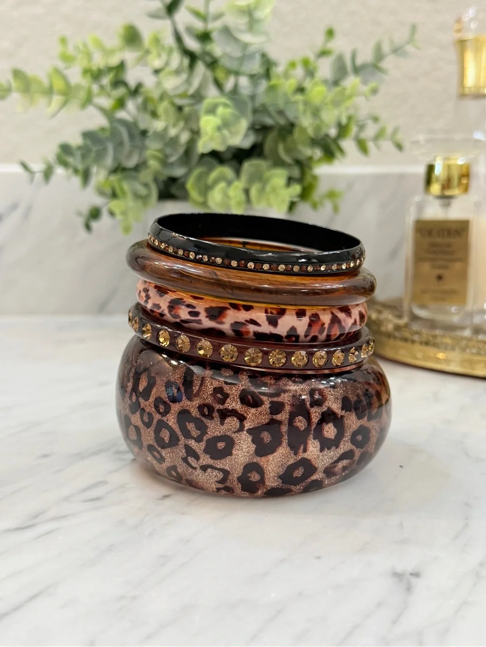 Vintage Lucite and Metal Leopard Print Decorative Bangles
